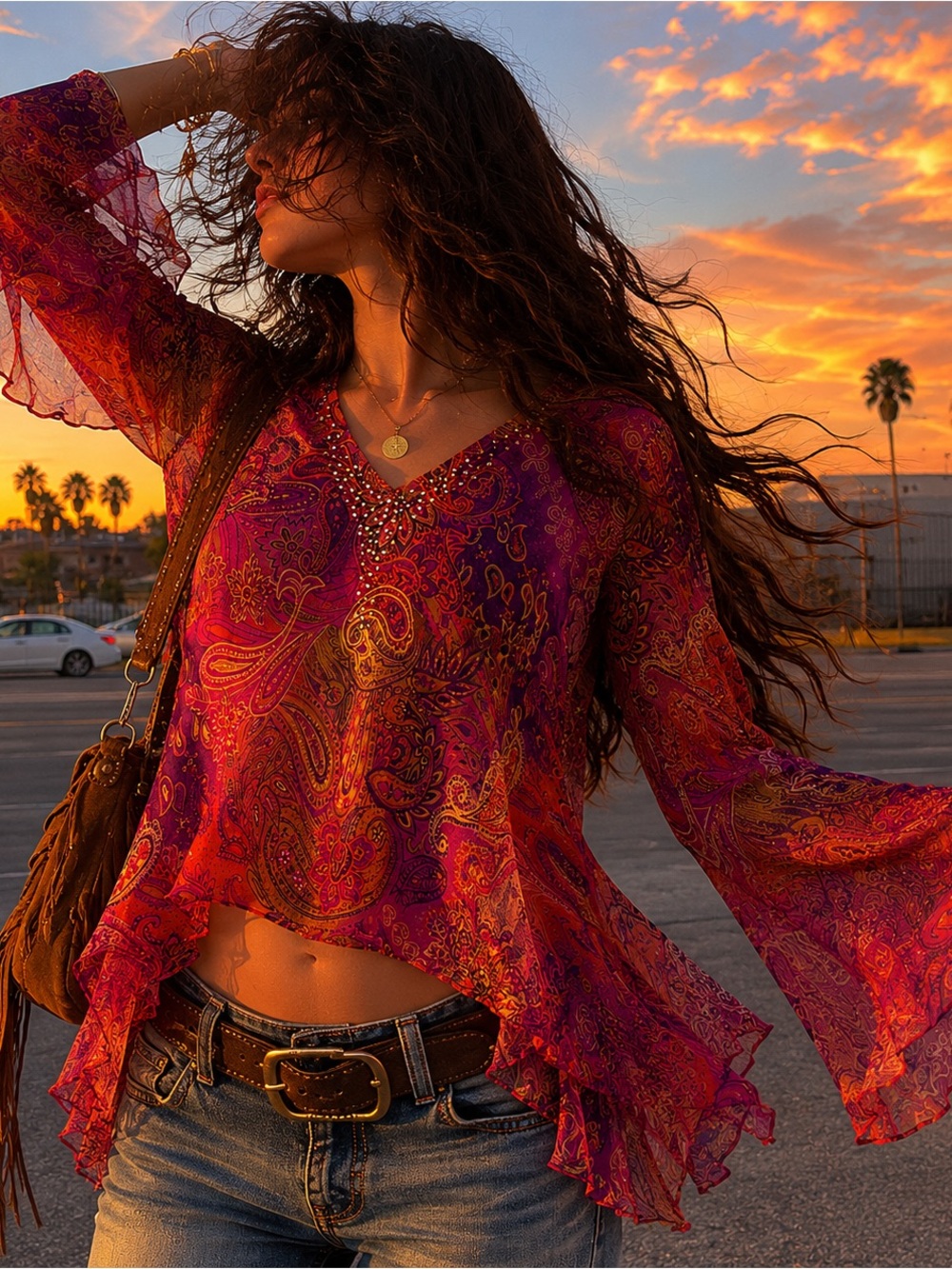 Vintage Silk Paisley Bell Sleeve Boho Top 1X